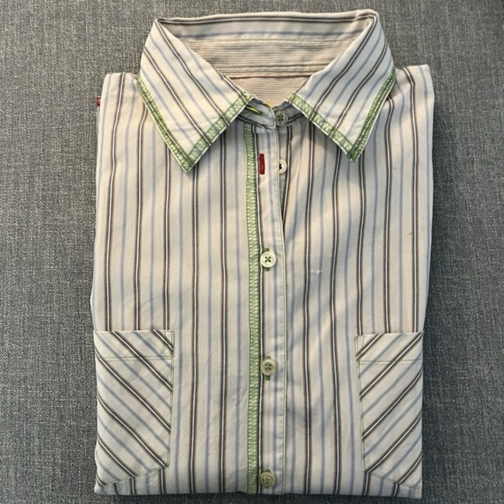 7 FOR ALL MANKIND Fun Collar Button Up Shirt Grey Stripe Contrast Trim Women Lge